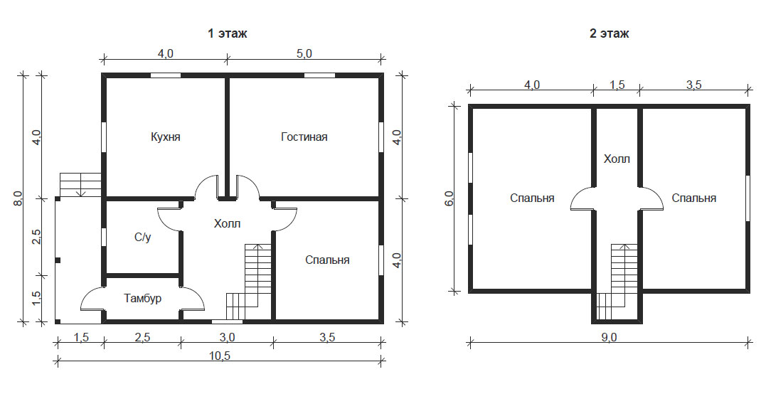 Планировка одноэтажного дома 8х9 с двумя спальнями